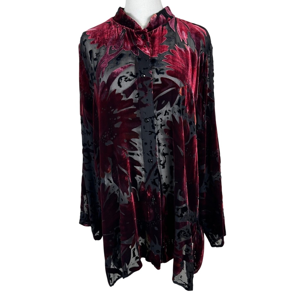 Caroline Rose Shirt Women L Red Silk Blend Burnout Velvet Floral Button Down Top